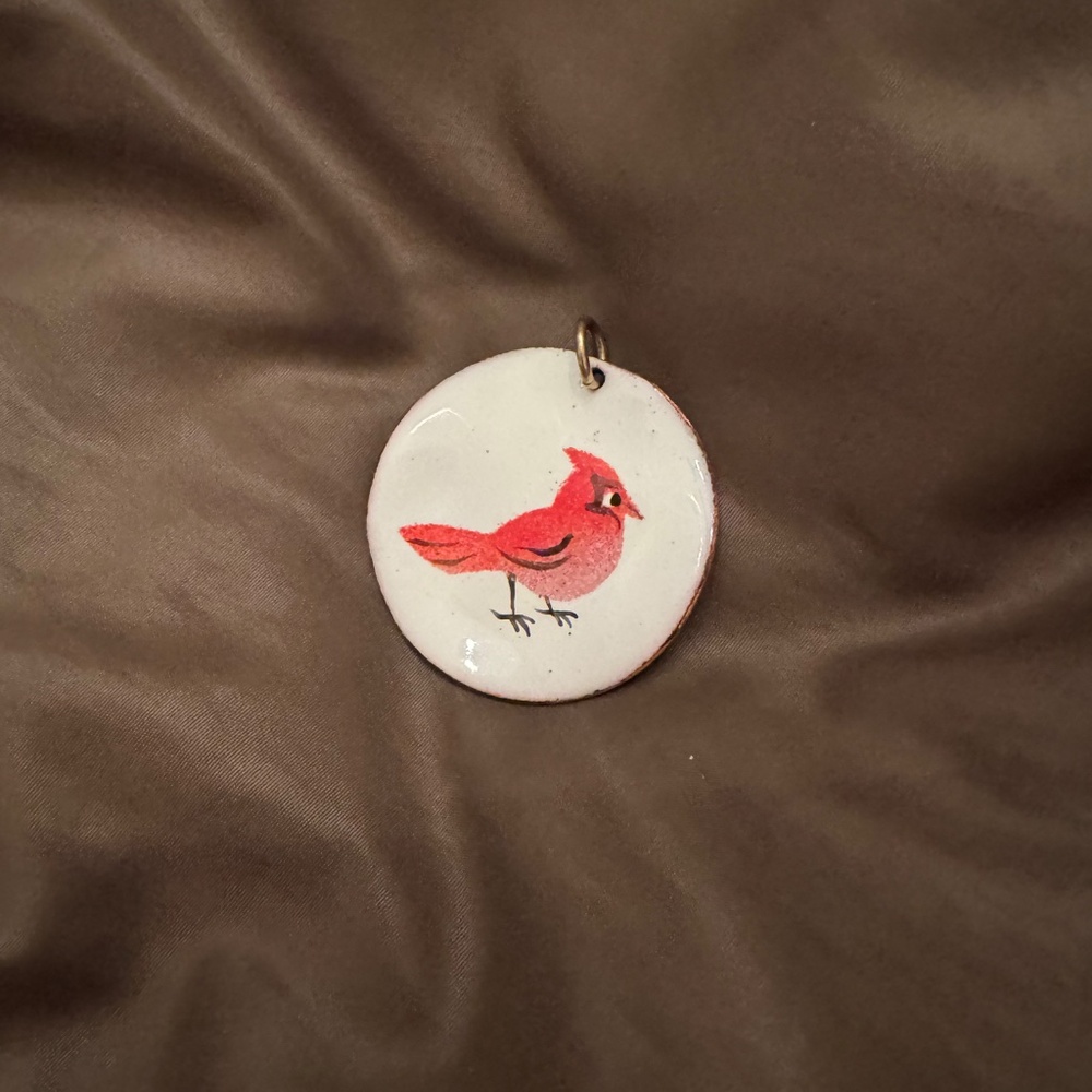 Vintage Copper Enamel Handmade Artisan Cardinal Bird Pendant